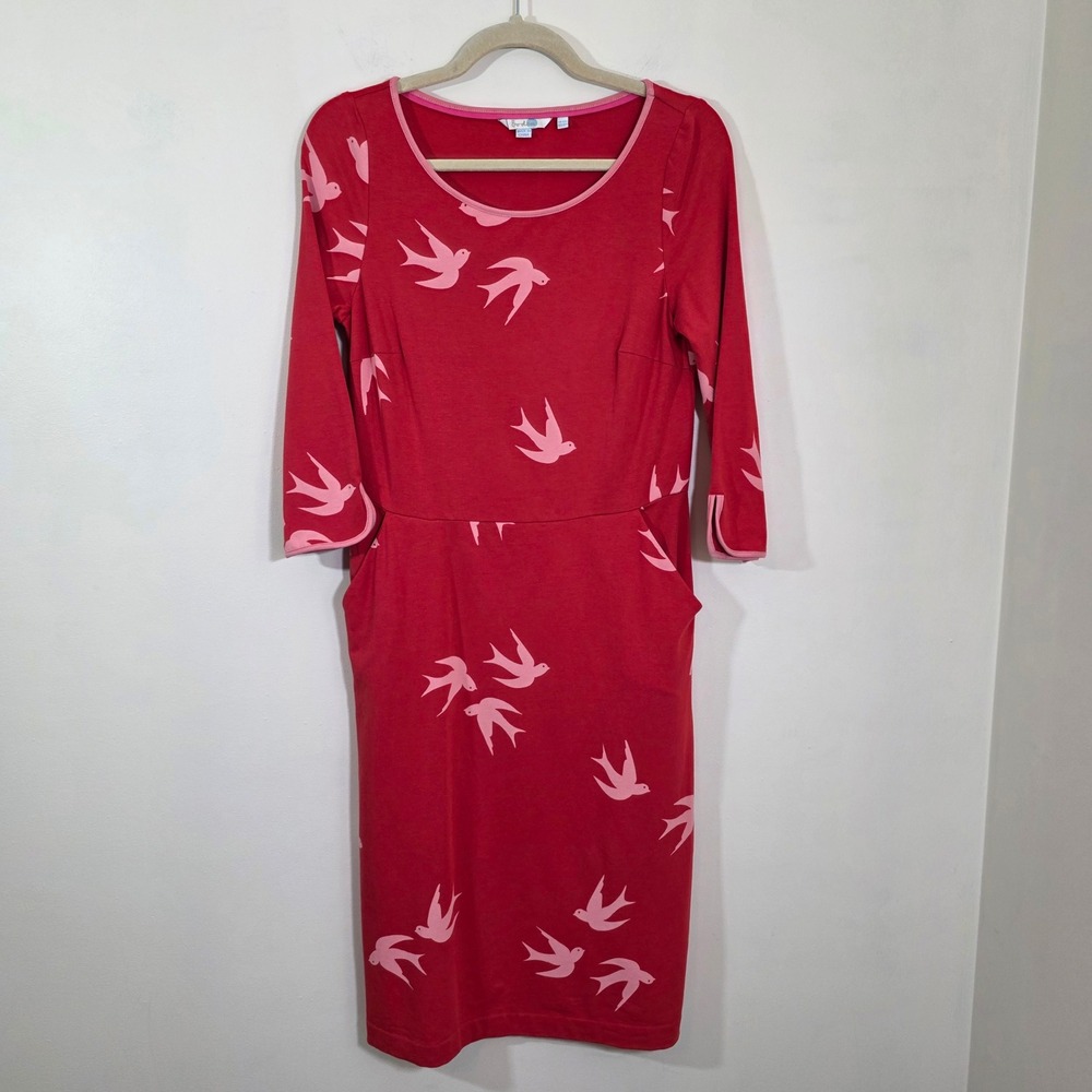 Boden Womens Dress Red Pink Swallow Bird Print Jersey Pockets Size 6 US Preppy